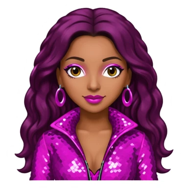 Mya, R&B Singer with dark brown long hair, meganta sequin outfit sticker