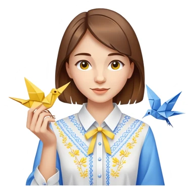 A happy Ukrainian young girl with brown hair in a white embroidered shirt making an origami crane in yellow and blue colors sticker