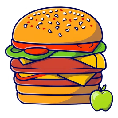 A burger with pizza toppings, french fries sticking out the sides, and apple slices as garnish sticker