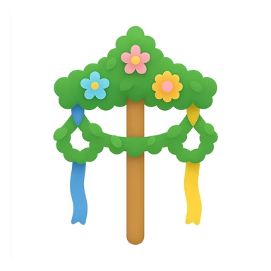 traditional Swedish midsommarstång (maypole) with blue and yellow ribbons, lush greenery, flower garlands, stylized vibrant flat color icon style sticker