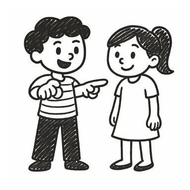 Edit the image of the little boy in the doodle style, keeping the character details exactly the same, but now have him pointing at a girl next to him. Maintain the doodle style look and feel. sticker