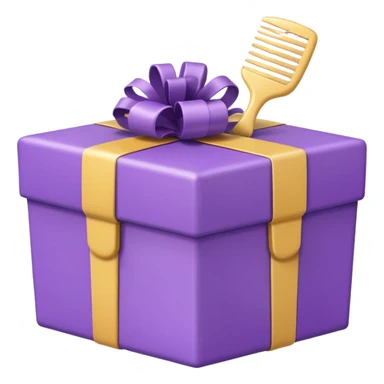 Kawaii emoji illustration of a purple gift box with a comb inside, chubby proportions, glossy finish, pastel colors, soft shading, adorable style, simple and clean design, transparent background sticker