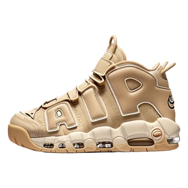 A pair of beige Nike Air More Uptempo sneakers in iOS emoji style, with left and right shoes positioned with one slightly behind the other, featuring minimalist design with the iconic AIR lettering on sides sticker
