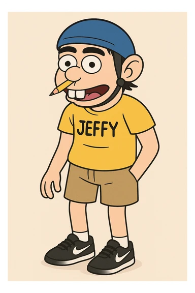20-year-old boy with a blue helmet, pencil on his nose, bunny teeth, yellow shirt with text 'JEFFY', black Nike shoes, black eyebrows, cartoon style, fun and quirky look sticker