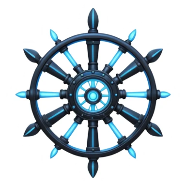 A Discord emoji of a black iron mechanical propeller or anchor with glowing blue energy lines. Steampunk-gothic fusion, high visibility, white background. sticker