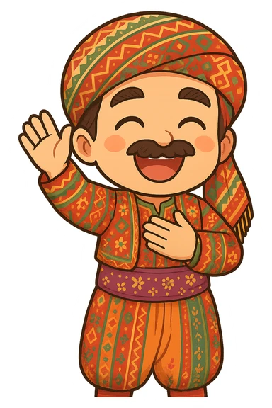 Create a cartoon Kurdish sticker in the same style and mood as the reference image: a happy and smiling face, traditional Kurdish clothing, colorful and cheerful, no text, suitable for WhatsApp and Instagram, with a transparent background. The character should be in a greeting pose with hand raised or hand on chest. sticker