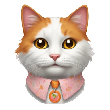 fluffy white and orange cat wearing a thin pink floral collar sticker