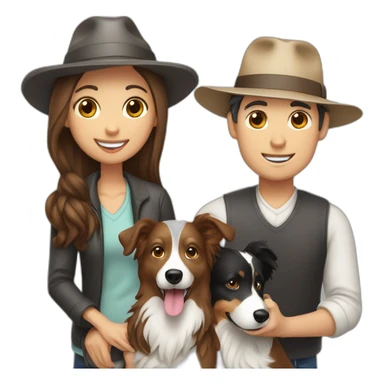family group of two consisting of man in hat and woman with long hair in ponytail and small border collie dog sticker