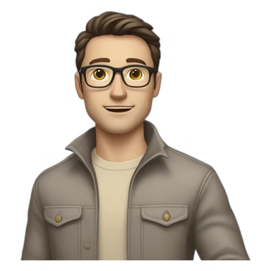 Full height Pale skinned Fit Man With dark brown hair in gray classic jacket, beige office shirt, Brown pants and vintage glasses. Thrumbs of his palms upwards sticker