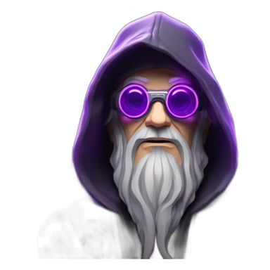 Gandalf wearing a black hoodie with "OMG" letters on it and VR headset in a cyberpunk VR environment with violet neon lighting. sticker