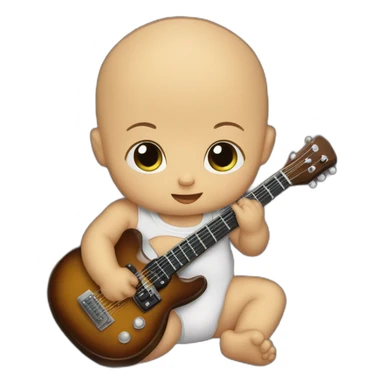 a 1-year-old baby bald in diapers playing a mini guitar sticker