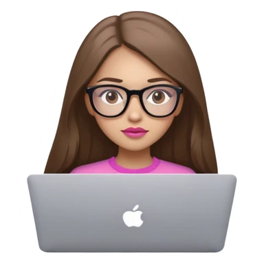brown straight long Hair brown eyes pink lips, glasses  girl with macbook sticker