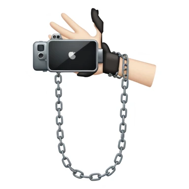 Minimalist emoji-style sticker of a human hand bound by a chain leading to a video camera. Icon-like, clean silhouette, muted tones. sticker