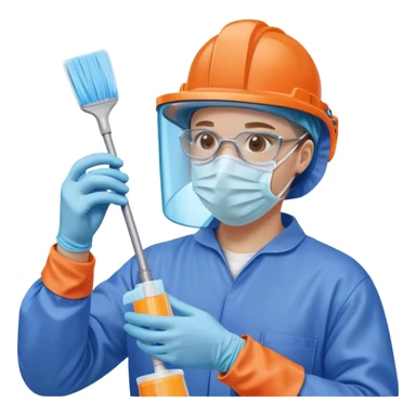 A meticulous cleanroom worker dressed in full protective gear, including a blue sterile suit, a face mask,  and orange gloves.  cleaning glasses with a wipe in one Hand sticker