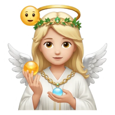 Emoji-style angel: blonde hair, laurel crown, halo, white wings, white robe, glowing orb, soft cute emoji look. sticker