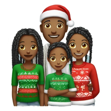 Black family of four members with Dad, Mom, Son, and Daughter. The Son and Daughter are teenagers. The Mom has braids. The Dad is light skinned.All family members are wearing Christmas sweaters and Santa hats.  sticker