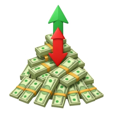 a pile of money with red arrow up sticker