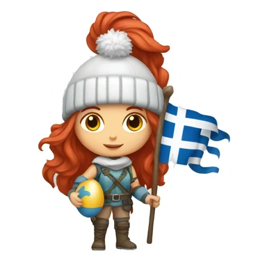 female winter mountaineer red hair holding greek flag and easter egg sticker
