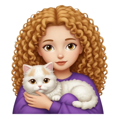 close-up of lightskin girl with frizzy curly hair, clean girl makeup, snuggling with a white Persian cat sticker