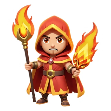 Clash of Clans aesthetic: Cinematic Ferocious Fire Mage Hero closeup Emoji, rendered in a 3D vector-style similar to standard emojis with minimal shading and bold, simplified shapes. A compact, isometric figure draped in flowing, charred and ember-lined robes, wielding a fiery staff crackling with intense flames. Eyes burning with an infernal glow, exuding raw, untamed power. Simplified yet unmistakably iconic, highly detailed and consistent, glowing with a fiery, molten radiance and high shine. Stylized with a touch of menacing sorcery and a searing, ember-infused outline, capturing the essence of a wrathful mage ready to unleash devastating fire magic! sticker