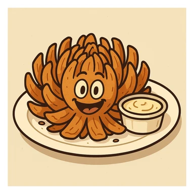 cartoon whole deep-fried onion cut to resemble a flower, crispy and golden, served on a white plate with a ramekin of sauce, inspired by Chili's awesome blossom, cheerful and bold lines sticker