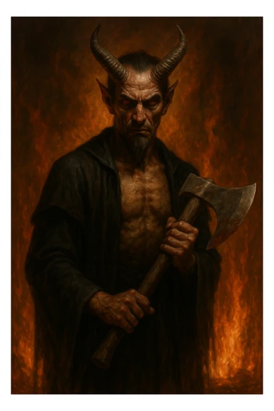 realistic satanic figure wielding an axe, sharp features, fire-lit environment sticker