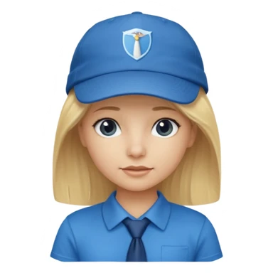 bloande girl with tshirt blue tie and cap sticker