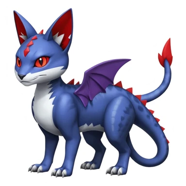 midnight blue-gray-black, with red markings, white belly, scaley Bastet-Noibat-Gatomon-Garchomp-Litten-Digimon-Fakémon-Pokémon-creature (full body) sticker