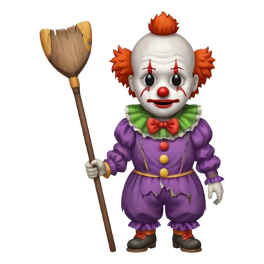 a sad clown with a broom and an axe sticker