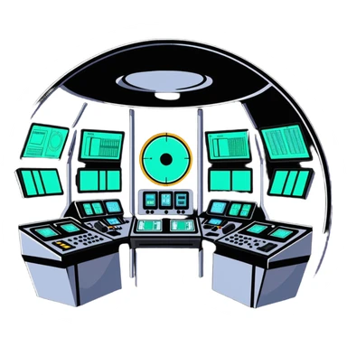 Circular control room with radial displays and consoles sticker