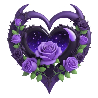 gothic heart made of black glass, silver crescent moon, deep purple roses, holographic stardust, neon lightning, drenched look, splintered glass texture sticker