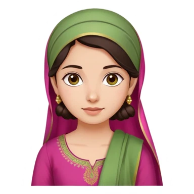 girl with light wheatish skin, dark brown hair, wearing dark pink kurti with sage green dupatta on head sticker