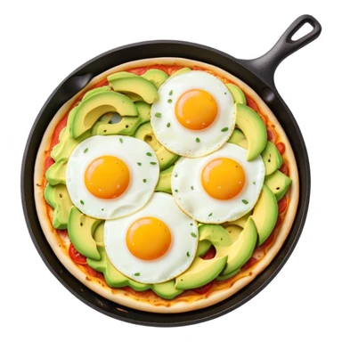 A breakfast skillet with melted cheese, pizza toppings, sliced avocado, and a fried egg on top sticker