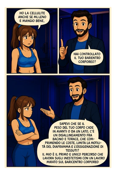 PRENDI SPUNTO DA QUESTO STILE FACENDO UN WEBTOON/MANGA:

LEI (DONNA): Ho la cellulite anche se mi alleno e mangio bene, cosa posso fare?

LUI (UOMO): Hai controllato il tuo baricentro corporeo?
LUI (UOMO): Sapevi che se il peso del tuo corpo cade in avanti o da un lato, c’è un disallineamento fra bacino e torace, che comprimendo le coste, limita la motilità del diaframma e l’ossigenazione dei tessuti?
LUI (UOMO): Il mio è il primo e unico percorso che lavora sugli inestetismi con un lavoro mirato sul baricentro corporeo. sticker