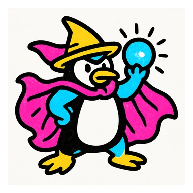 a heroic penguin wizard with a flowing cape, holding a glowing orb, in a bold and colorful style sticker