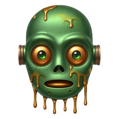 make a tired old melting robot emoji, covered in green sludge, 2d, make the eyes melting sticker
