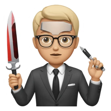 man with glasses wearing a suit and holding a knife sticker
