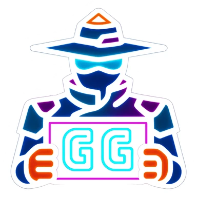 Add neon effects to the image of Cypher from Valorant holding a 'GG' sign, maintaining the bold, modern gaming icon style with transparent background. sticker