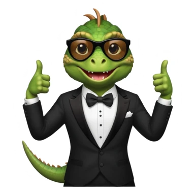 capitalist iguana banker in tuxedo and black sunglasses dancing crazy thumb up sticker