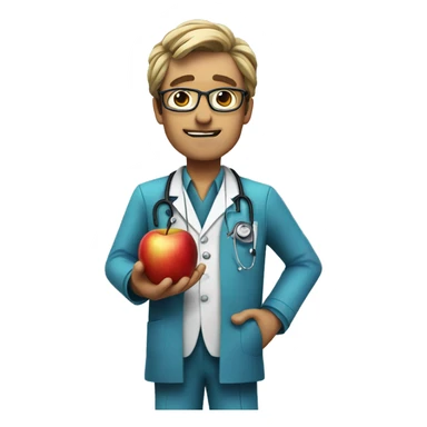 The doctor is holding an apple sticker