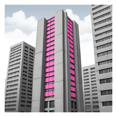 Tall gray brutalist concrete tower with one bright pink window among many regular gray windows sticker