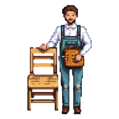 experienced furniture maker holding a wooden chair sticker