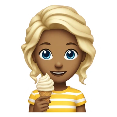 Girl with blonde hair, blue eyes, yellow striped shirt, holding vanilla ice cream cone sticker