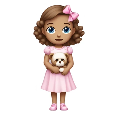 Little Girl with White skin, blue eyes. brown hair with pink bows in it.  She is wearing a pink and White dress, standing and holding on to a teddybear with a pink bows. sticker