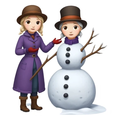  young Virginia Poe and  eldely Maria Clemm  full body building a snowman  1800's sticker