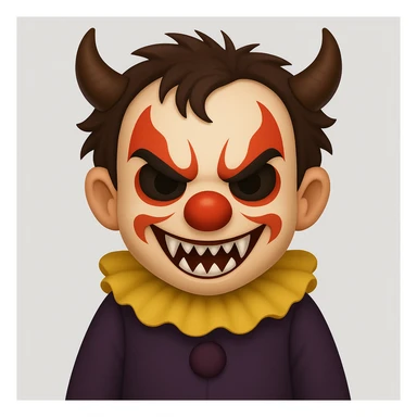 Render a child demonic clown with horns and fangs in the style of apple emojis, keeping the spirit and expression of the original character. sticker