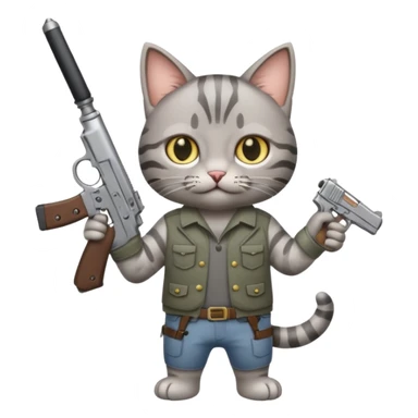 A cat holding a gun and a knife sticker
