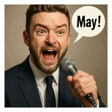realistic illustration of Justin Timberlake holding a microphone, saying 'May!', expressive face, detailed features sticker
