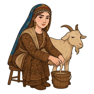 Create a Kurdish cartoon sticker featuring the same woman in a new Kurdish dress milking a goat. The goat is either sitting or standing with its udder clearly visible between the two back legs. The woman is sitting on a stool with her hand on the udder and a bucket underneath. The style should be clear and realistic cartoon, no text, transparent background. sticker