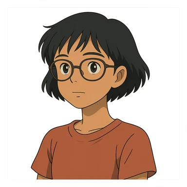 ghibli style Asian girl with tan skin, short black hair, and glasses sticker